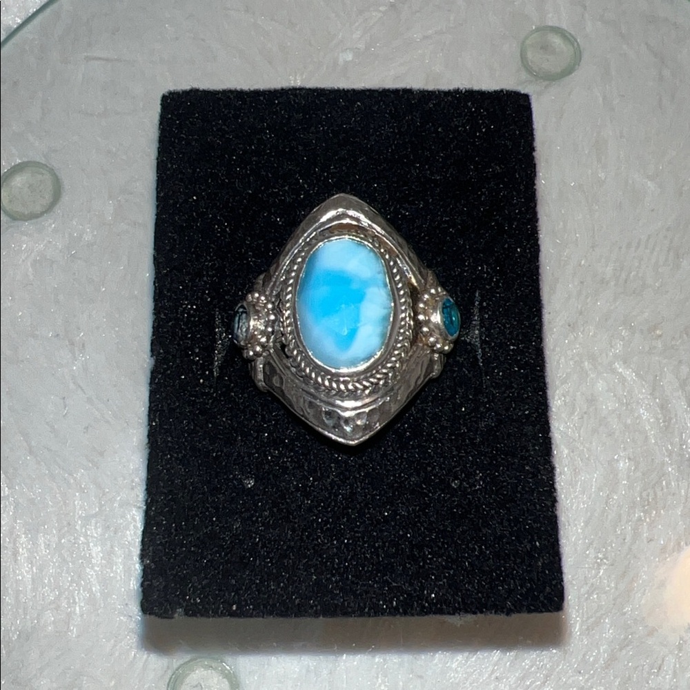 Luxury Artisan of Bali Larimar and Blue Topaz Ring, Crafted in Sterling Silver